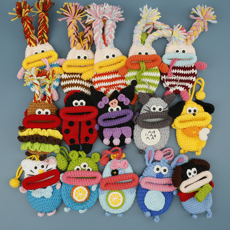Creative handmade knitted sausage-mouth keychain, crocheted yarn keychain featuring an adorable, quirky girl with a big mouth, a unique and personalized small bag