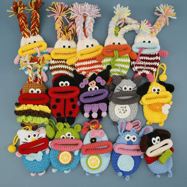 Creative handmade knitted sausage-mouth keychain, crocheted yarn keychain featuring an adorable, quirky girl with a big mouth, a unique and personalized small bag