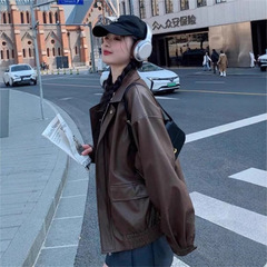 美拉德皮衣美式甜酷穿搭棕色皮衣外套防风宽松美式复古机车服夹克