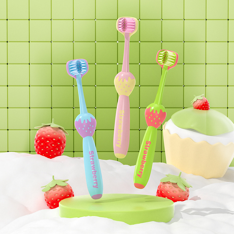 Children's Three-Sided Toothbrush Single Pack 3-12 Years Old Strawberry Handle Baby Cleaning Gum Protection Soft-Bristled Toothbrush Manufacturer Ready Stock