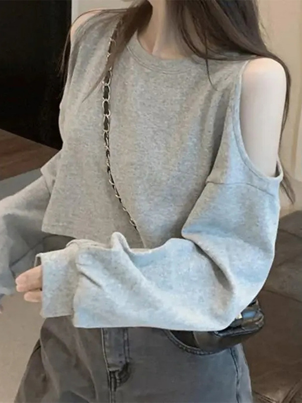 辣妹设计感别致独特露肩短款长袖卫衣女春秋薄款宽松时尚百搭上衣|undefined