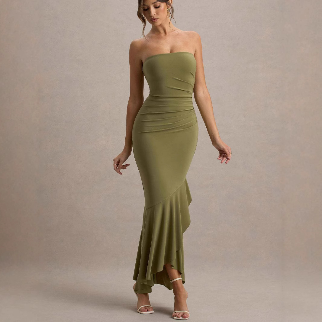 2025 European and American New Cross-Border Amazon Dress Women's Tube Top Sexy Evening Dress Long Skirt Pure Color Independent Station