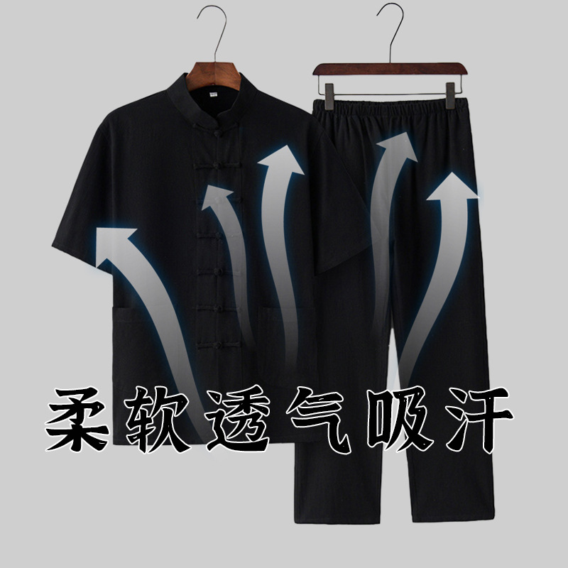 Wholesale summer stand collar middle-aged cotton and linen short sleeve suit men's tea clothing Ju Shifu Taiji casual Tang suit suit