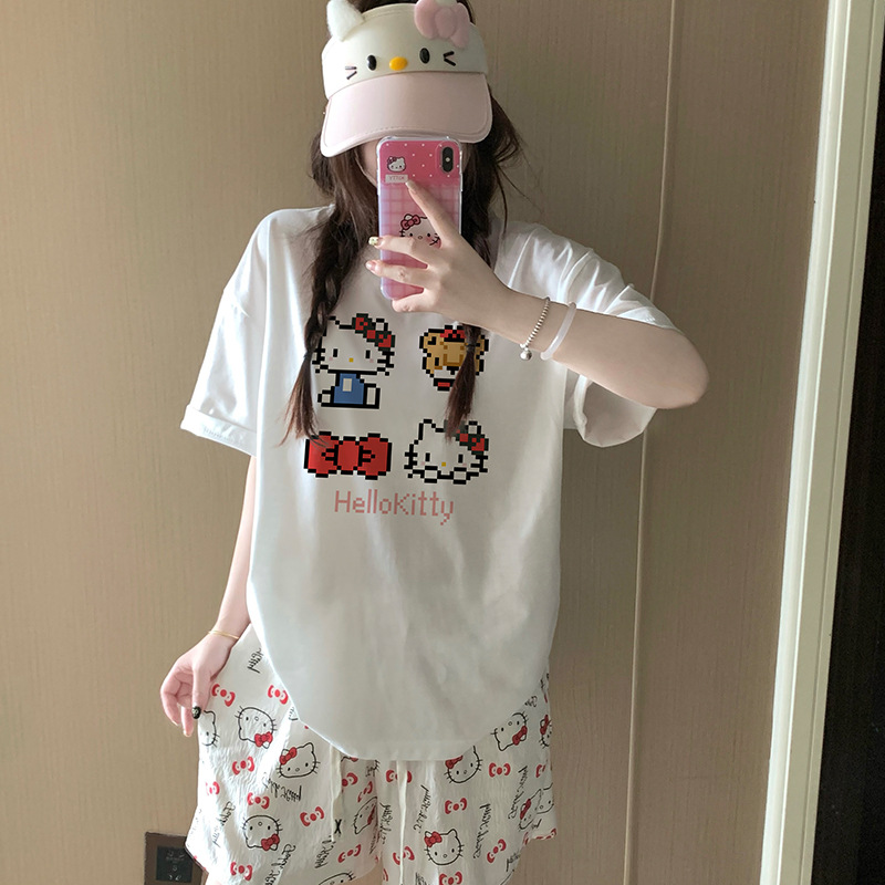 Lindos pijamas de Hellokitty mujeres verano 2025 nuevos pantalones cortos de algodón puro de manga corta traje de servicio a domicilio para niñas
