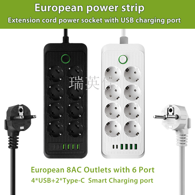 欧洲8孔延长线排插外贸欧式孔安全门保护俄罗斯韩国插座多国适用
