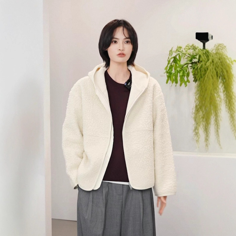 Cs Women's Casual Teddy Velvet Hooded Jacket Cream Autumn and Winter Short Style Imitation Cashmere Cardigan