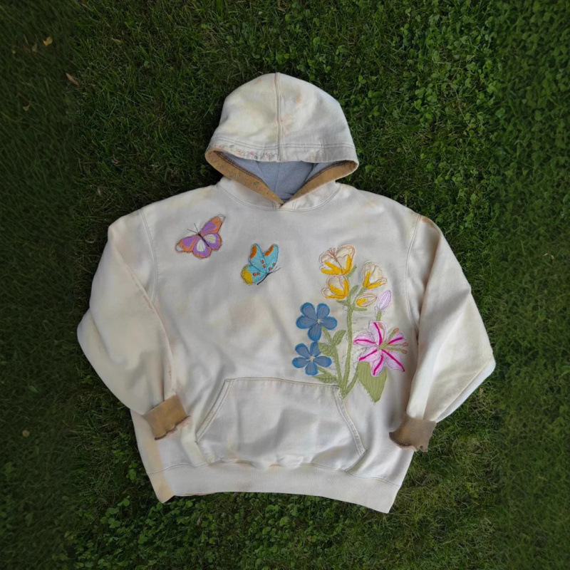 Felpa con cappuccio con stampa floreale vintage - Pullover con grafica 3D a farfalla minimalista per donna (XS-2XL, grigio/bianco, 80% poliestere)_voghion.com
