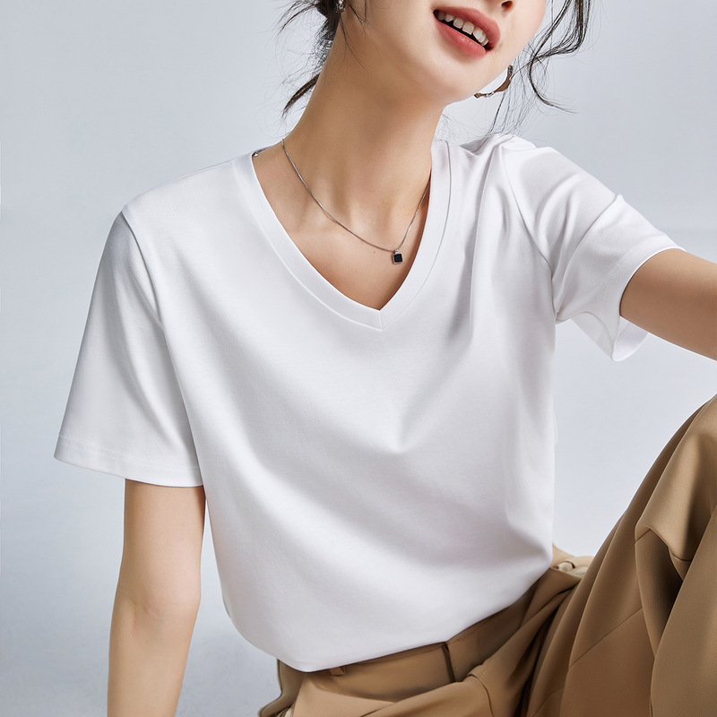 High-Quality Mercerized Cotton T-Shirt for Women, Short-Sleeved, 2026 New Style, Loose Fit, Suitable for Layering or Wearing Alone, Round Neck, Liquid Ammonia T-Shirt, Base Layer