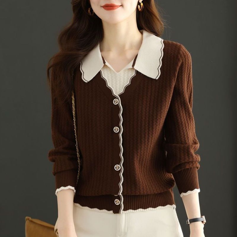 假两件上衣女时尚秋冬2025新款洋气短款针织打底衫娃娃领红色毛衣