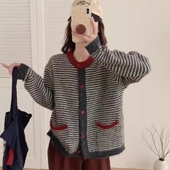 韩系设计感撞色条纹毛衣女2025秋季宽松百搭慵懒感针织开衫外套潮