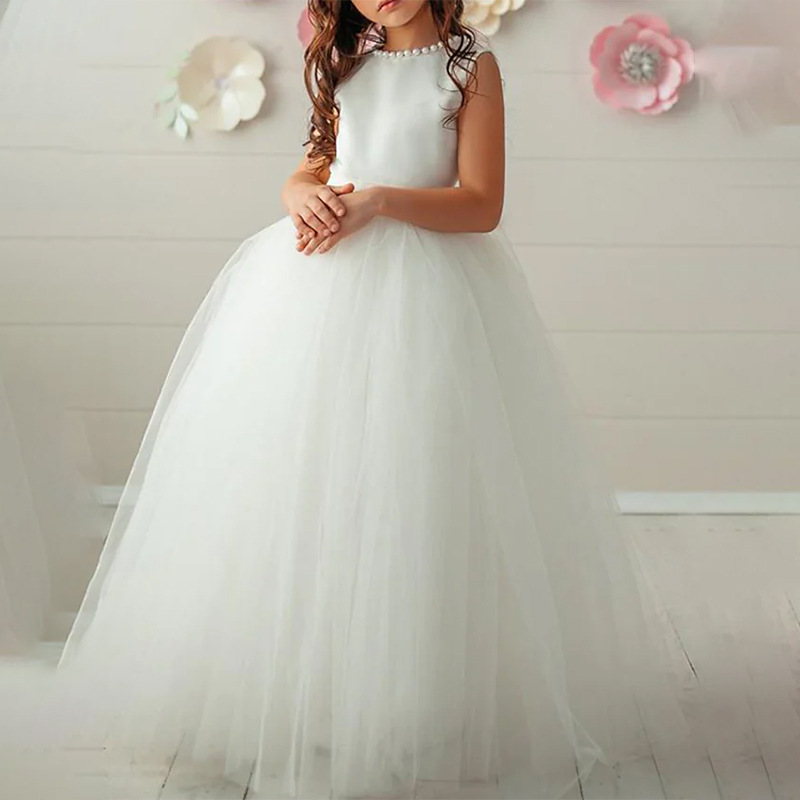 Nuevo vestido de boda transfronterizo de los niños europeos y americanos sin mangas sin espalda con cuentas de rendimiento de cumpleaños mullido vestido largo