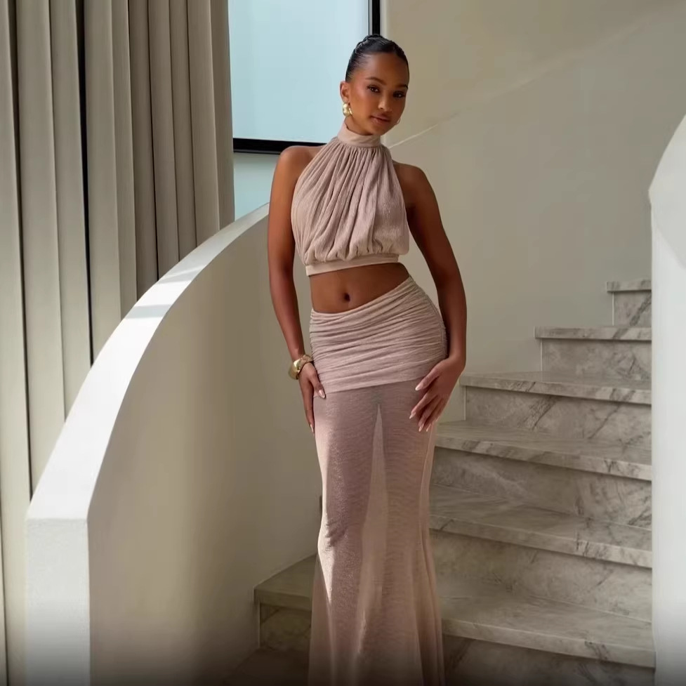 Women's Clothing Women's Sleeveless Halter Neck Glitter Mesh Pleated Skirt Set Sexy Fashion Top Bottoms Combo_ecoleips.com