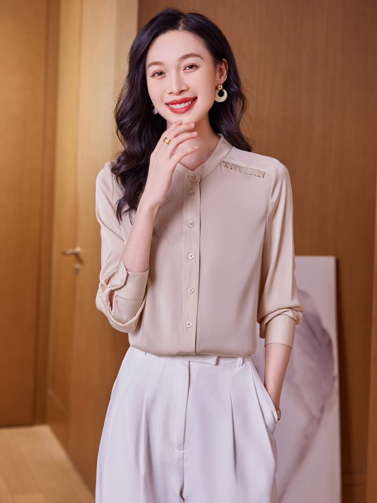 Silk spring elegant fashionable solid color shirt with a round…