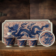 Yanjiangtang 古い陶器釉薬赤海水ドラゴン開口部馬蹄カバーボウルティーカップ家庭用ティーボウルティーセット