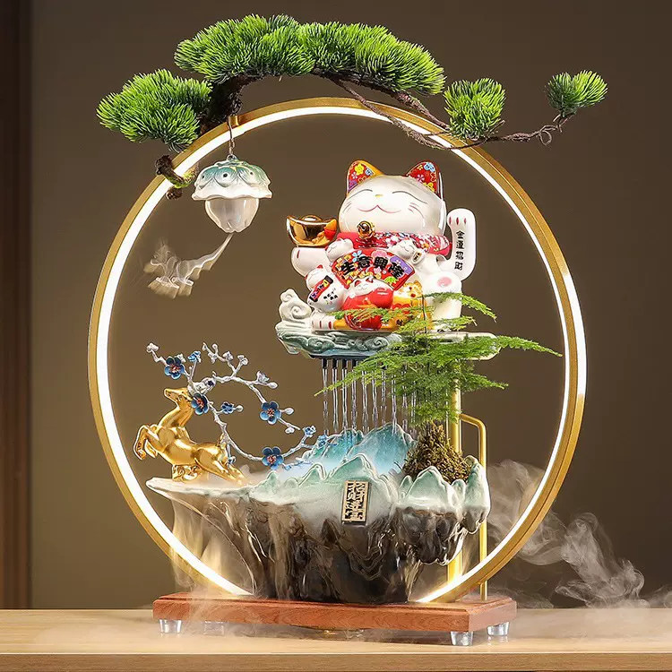 流水摆件循环水一鹿发财招财猫摆件开业礼物自动招手客厅前台公司