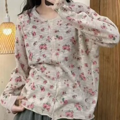 新款文艺复古印花针织开衫圆领单排扣休闲宽松上衣