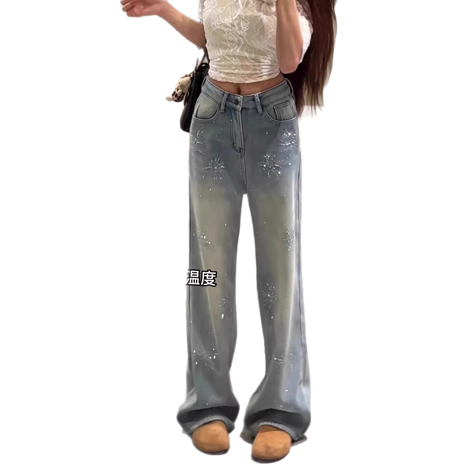 Women's Light Blue Flared Jeans With Firework Rhinestone Details – Fleece-Lined Winter Pants, High-Waisted Straight-Leg Denim For A Slimming Look_voghion.com