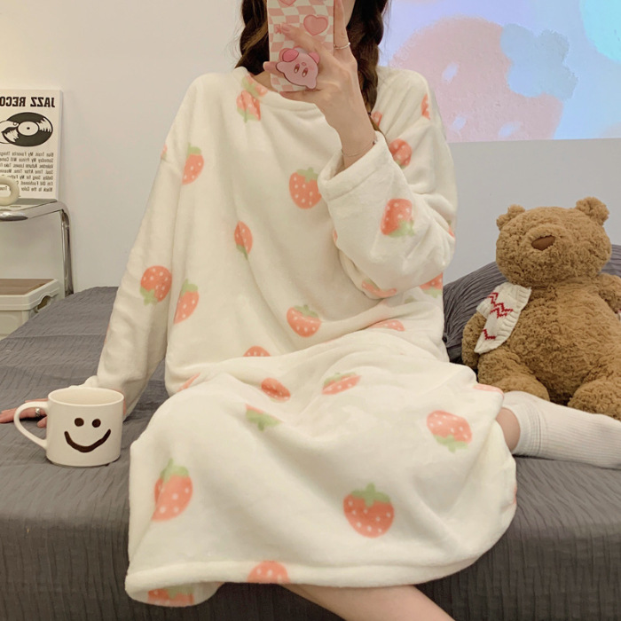 Pijamas de mujeres otoño invierno de franela lindo dibujo animado 2023 nuevo coral de lana gruesa falda cálida ropa para el hogar