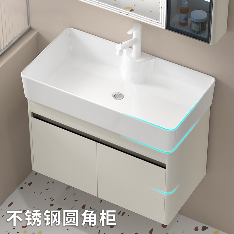 Cuenca de ángulo redondeado tipo pequeño gabinete de lavabo 304 acero inoxidable tipo pared lavabo cerámico integral lavabo