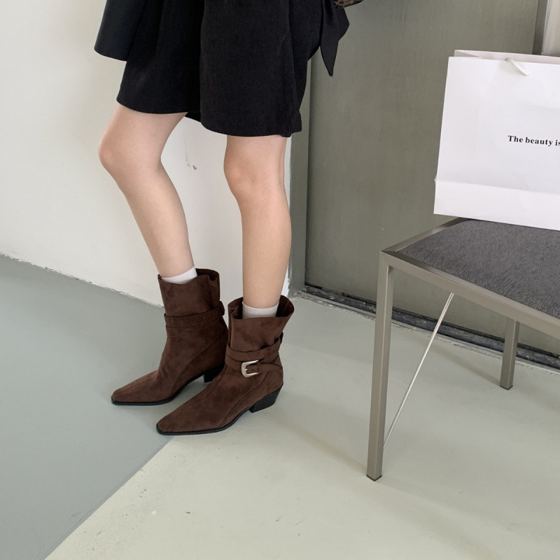 2025韩版新款小众设计复古法式短靴小方头西部靴麂皮中筒靴女靴子|undefined