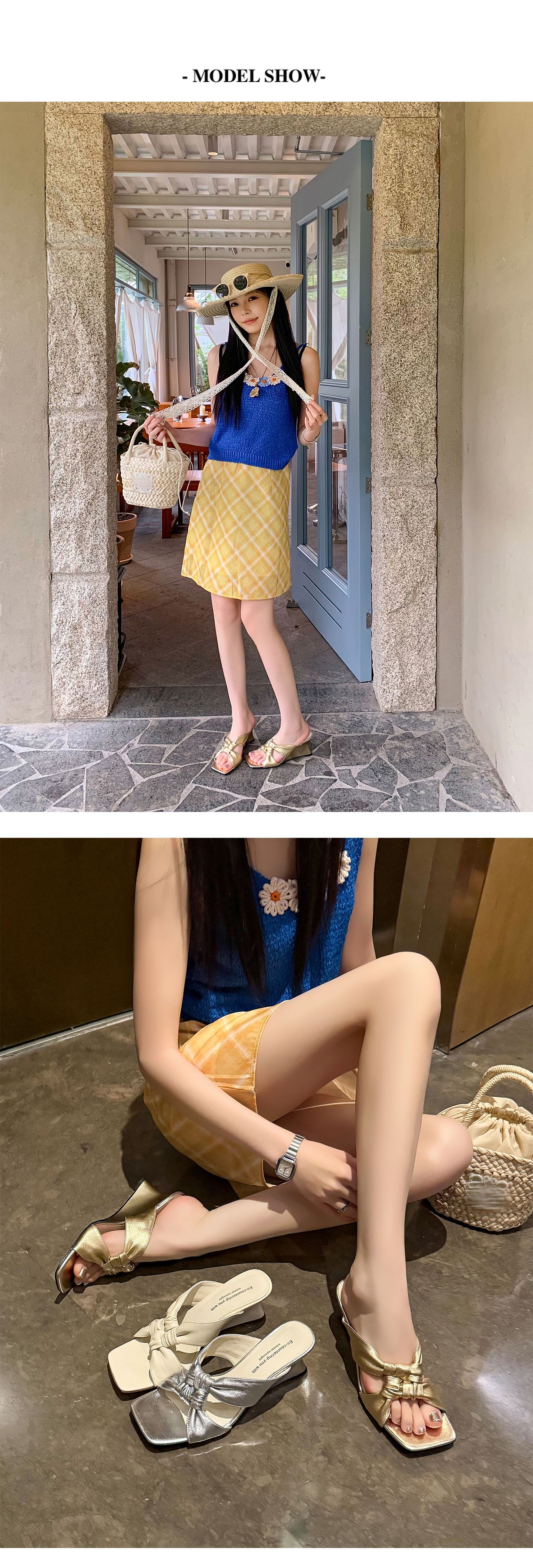Sandal cao gót nữ mũi vuông hở ngón đế xuồng quai chéo — màu vàng, màu trắng ngà, bạc chi tiết 5