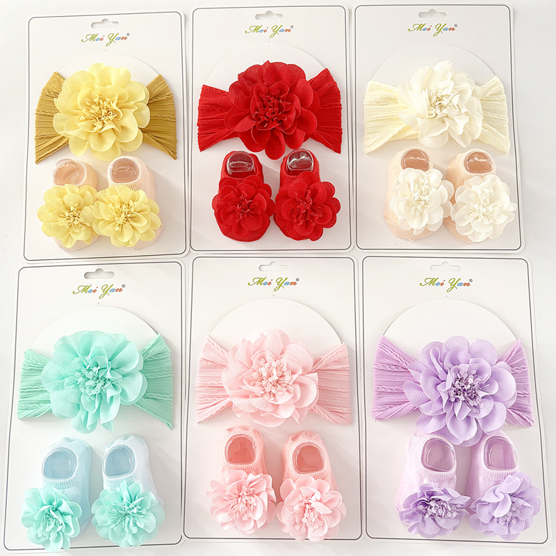 婴儿萝卜丝雪纺花发带袜子套装宝宝发箍地板袜婴儿头带儿童发饰