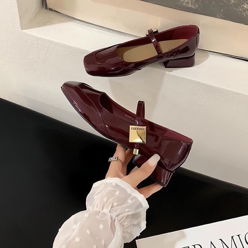 シープスキンバージョン~メタルバックルミュウズシューズスクエアトゥメリージェーンシューズレディースフレンチジェントル通勤レッド太ヒールシューズ|undefined