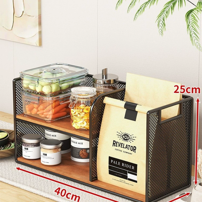 Desktop Storage Rack, Multi-Layer Mesh Frame with Oak/Teak Shelves, 2–5 Tier Options