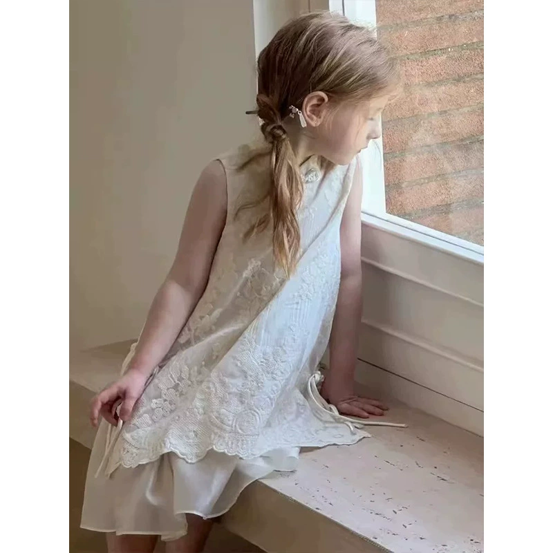 Новое платье в стиле шинуазри для девочек, лето 2024, новая детская юбка принцессы Cheongsam, платье-жилет для маленькой девочки, летнее платье