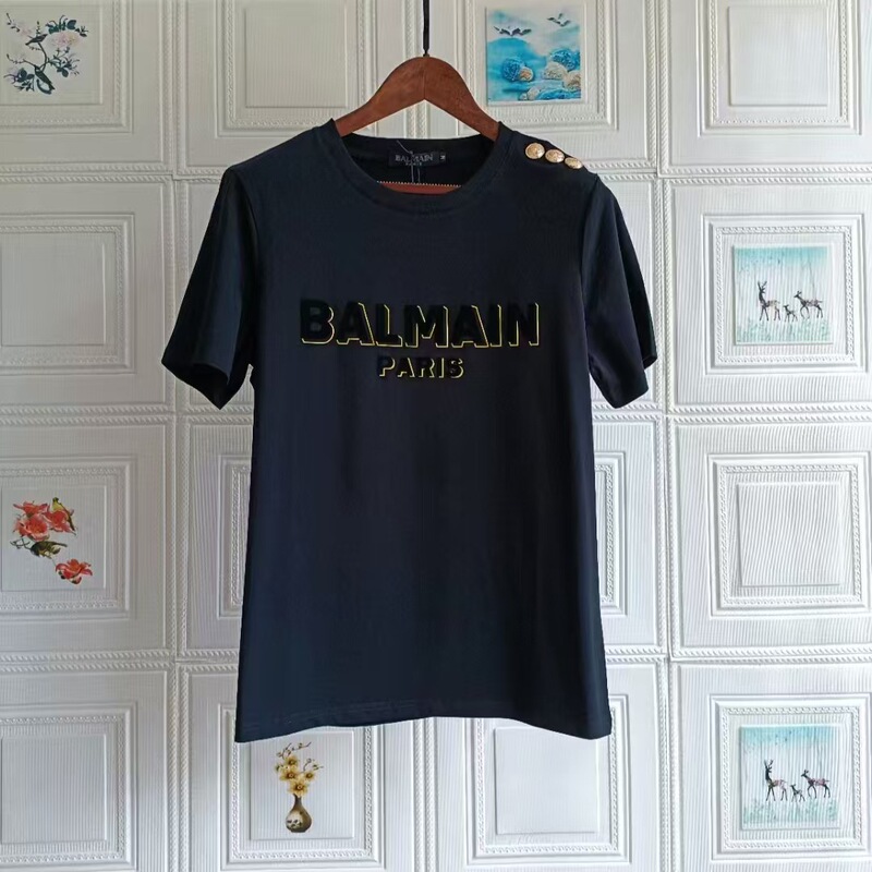 European and American fashion brand shoulder buckle new balmain gold-edged bold flocking letter short sleeve Balmain cotton T-shirt