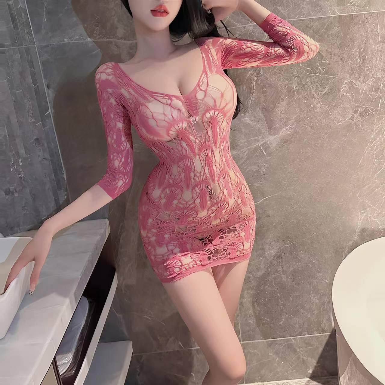 Hollow Jacquard Open-Crotch Babydoll Set with Bag and Posie Socks, One Size — detail image 3