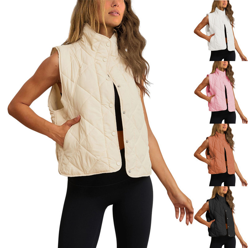 2023 autumn and winter New Amazon Women's quilted cotton vest stand collar lightweight button padded vest with pockets