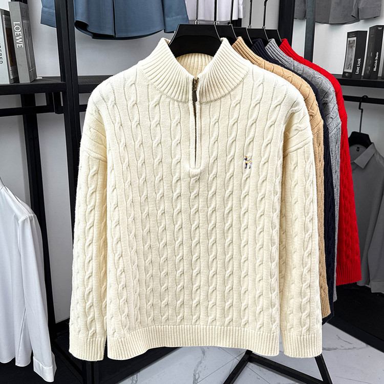 Suéter de cuello de medio cremallera hombre otoño invierno marca de moda bordada calentamiento suéter de cuello de medio cuello casual camiseta de punto de hombre