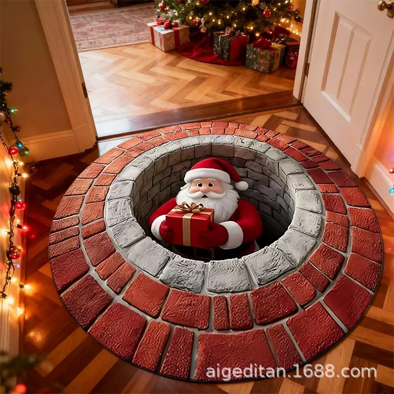 圣诞跨境圆形地毯圣诞老人礼物视觉圆形地垫代发卡通节日家用地毯