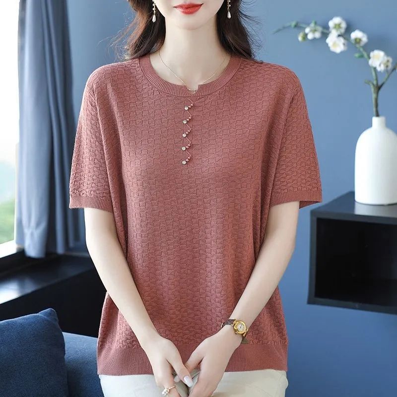 Summer New Style Round Neck Stylish Short-Sleeve Knit Shirt, Loose Fit, Slimming T-Shirt, Loose Cover-Up Top, Ice Silk Women's Top
