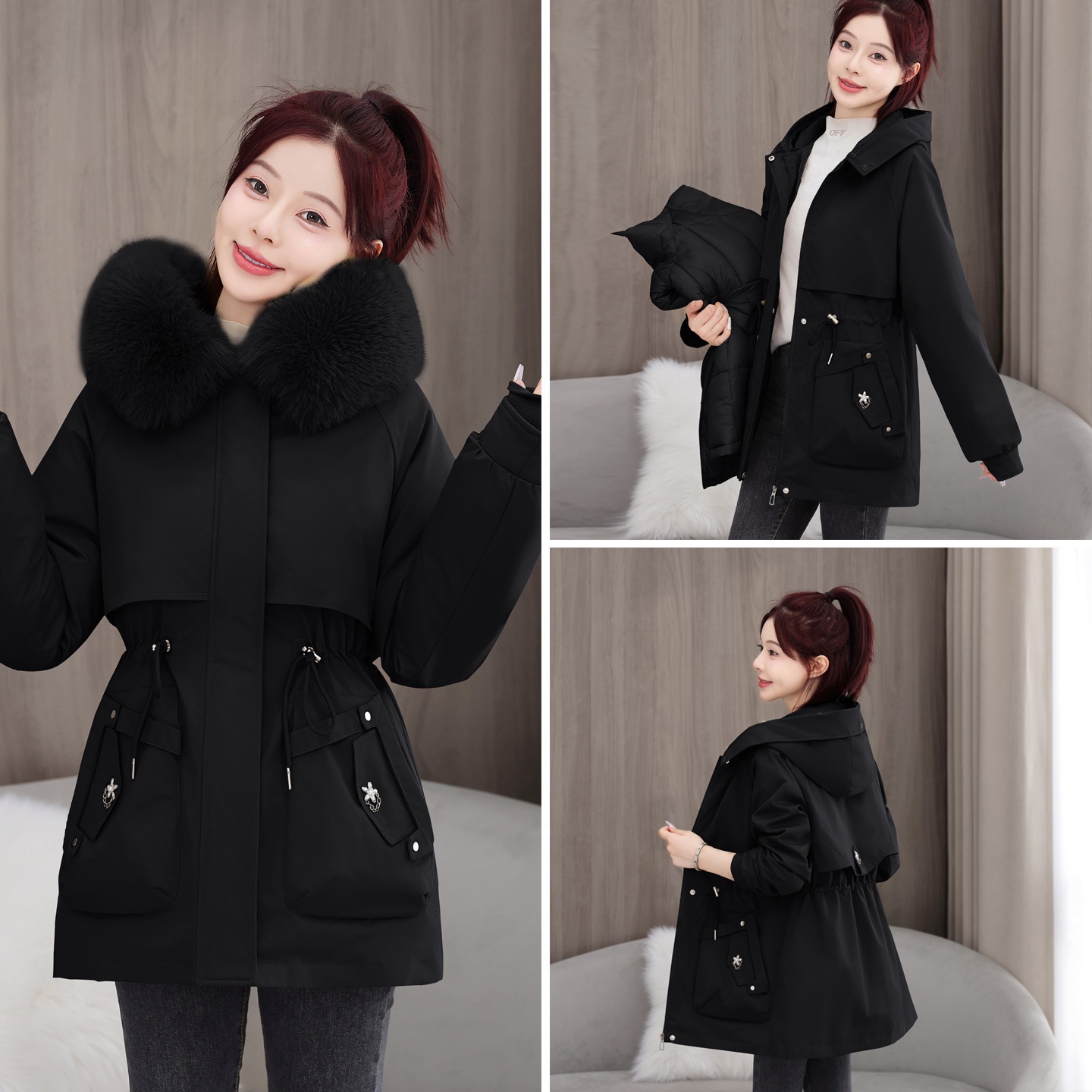 American Style Three Wear Over Peak desmontable ropa de algodón de invierno de mujeres cuello de cabello coreano medio largo chaqueta de algodón gruesa suelta image 3