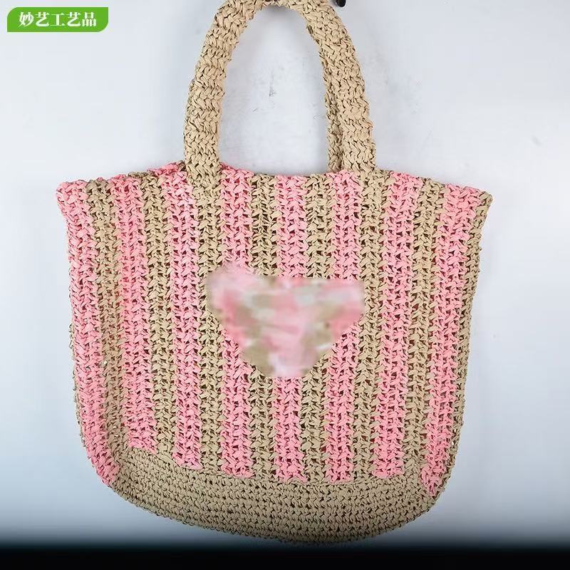 Nueva playa tejida bolsa de viaje de las niñas bolso de mano retro portátil bolsa de paja de gran capacidad bolso de hombro a rayas