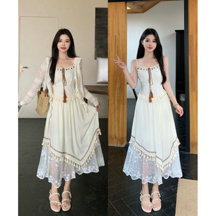 Fat Qiqi ~ plus size chubby girl Famous Ethnic Style Fine Lace Skirt Shell Ribbon Tassel Slip Skirt suit