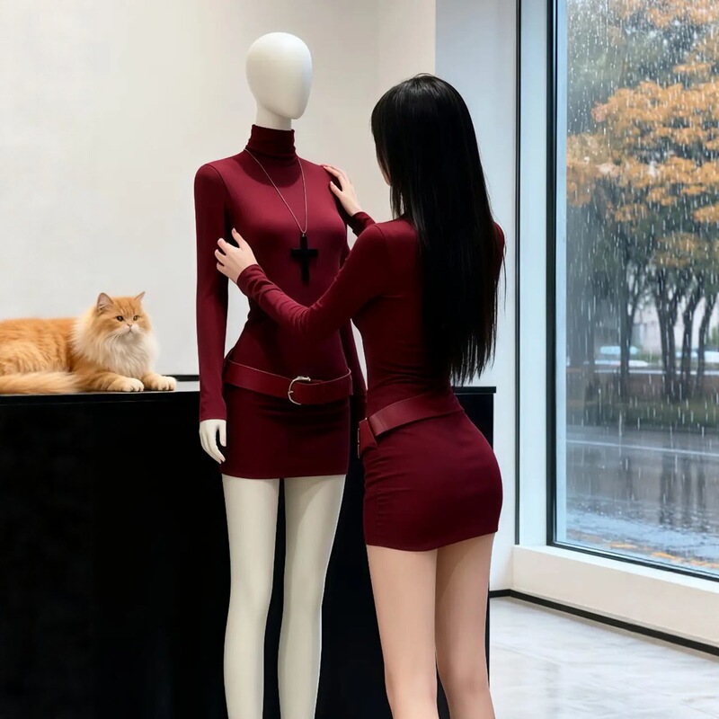 Korean Sexy Style Half Turtleneck Long-Sleeved Dress for Women in Autumn and Winter New Style Waist Slimming Knitted Hip-Hugging Short Skirt