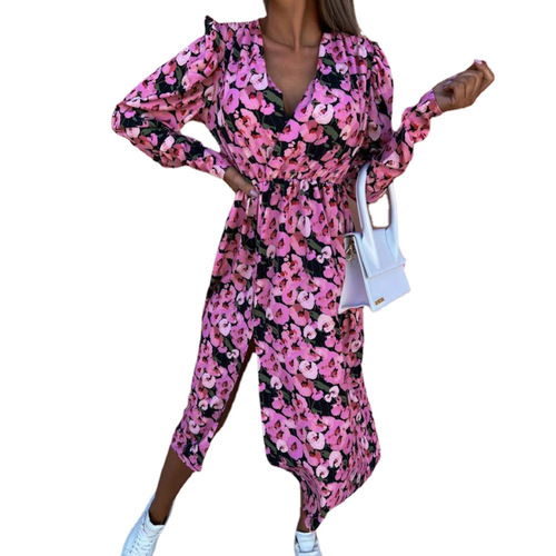 Wish Spring and Summer New Loose Long-Sleeve V-Neck Waist-Close Print Dress for Women