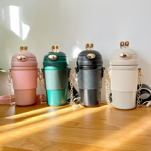 Internet celebrity cute angel bunny cup vacuum insulated cup for men and women water cup with pop-up lid stainless steel straw