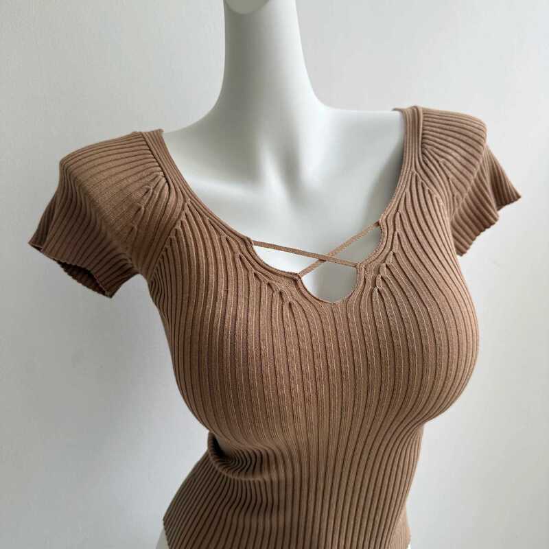 Casual Everyday Chestnut Khaki Cross-Cutout Pure Desire Spicy Girl Short-Sleeve Top Knit Sweater Inner Layer for Women