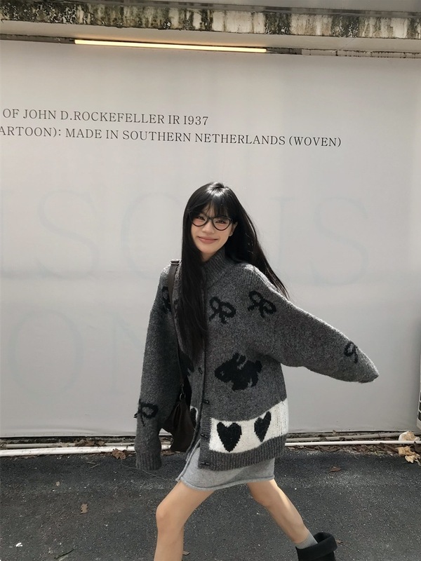 慵懒风撞色图案加厚毛衣外套女秋冬2025新款时尚百搭立领长袖上衣|undefined