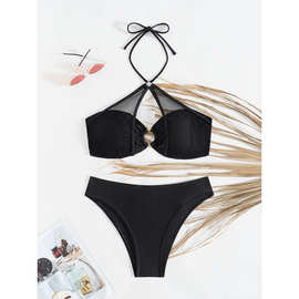 欧美性感比基尼分体黑色高级感度假泳衣网纱透明性感挂脖大胸泳装