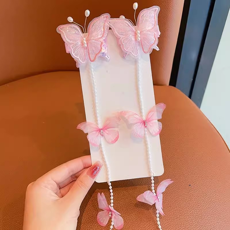 小さな女の子の新しいアンティークスタイルの手作り蝶真珠チェーン編組ヘアピンプリンセス妖精ヘッドフラワービーズヘアバンド頭飾り|undefined