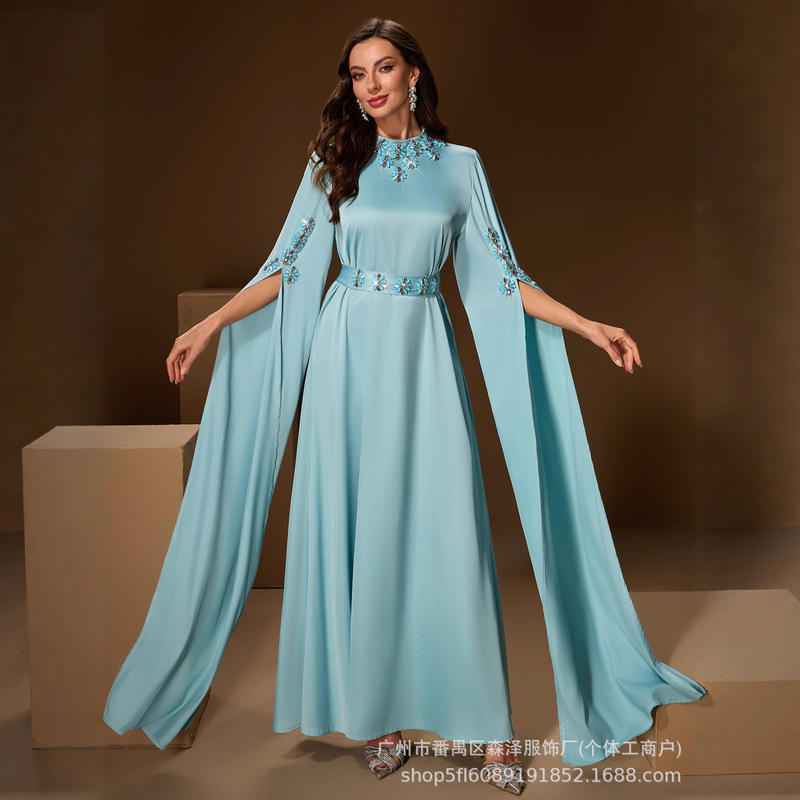 Foreign Trade Cross-Border Aqua Blue Beaded Gown, Elegant Socialite Style Cape Sleeve Waist-Cinching Flared Dress for Evening Wear
