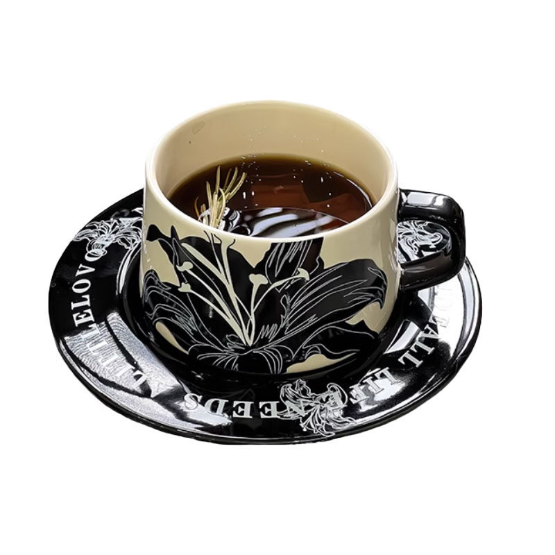 法式复古咖啡杯碟套装高级小众黑色精致百合花下午茶陶瓷杯子礼物|undefined