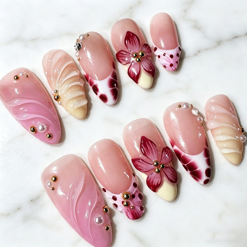 Nude Pink Gradient Three-Dimensional Floral Press-On Nails, Medium-Length Almond Shell Pattern Pearl Nail Stickers, Finished Nail Art for Cross-Border Sales Nude Pink Gradient Three-Dimensional Floral Press-On Nails, Medium-Length Almond Shell Pattern Pearl Nail Stickers, Finished Nail Art for Cross-Border Sales