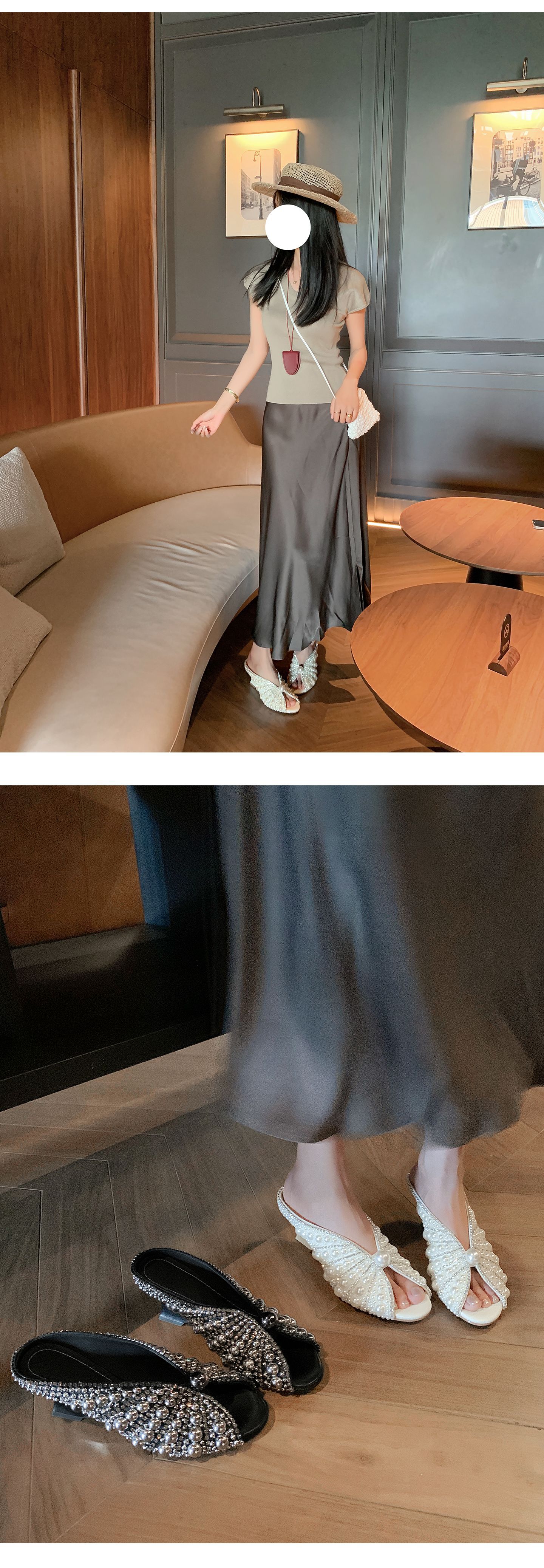Sandal cao gót nữ mũi peep-toe đính ngọc trai, gót xuồng platform, phù hợp tiệc tùng — màu đen, màu trắng chi tiết 14