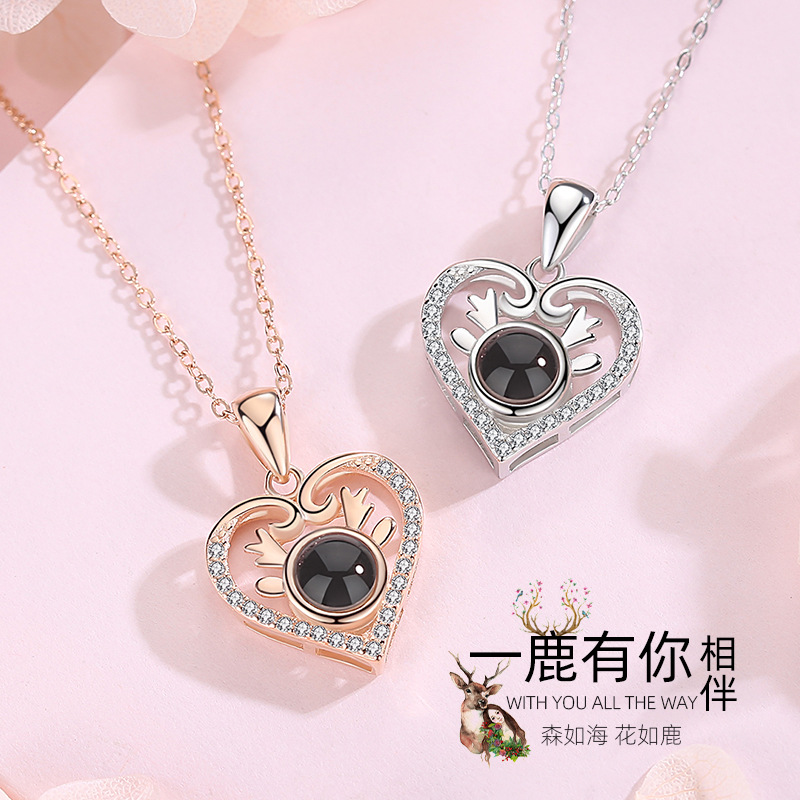 S925 plata un ciervo te tienen 100 idiomas te amo collar de proyección amor femenino en forma de corazón diamante incrustado corbata joyería